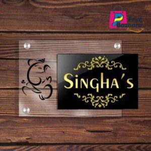 Acrylic Ganesha Name Plate Premium Home Door Design with Gold Mirror Finish printbazaaru.com 1